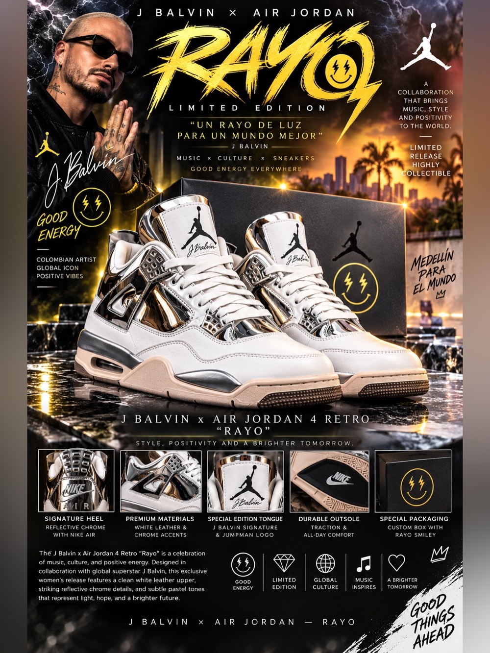New!🔥RARE”J Balvin x Air Jordan 4 "Rayo" Custom designed by artist Andrew Chiou🔥